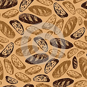 Vector brown scattered doodle slice frence loaf bread repeat pattern. Perfect for fabric, bakery menu and wrapping paper projects