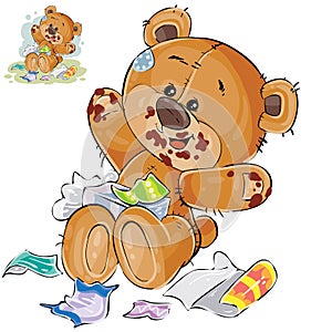 Vector brown teddy bear sweet tooth ate a lot of candy and now sits smeared in chocolate photo