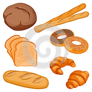 Vector of brown tommy, sliced bread, long loaf, baguettes, buns photo