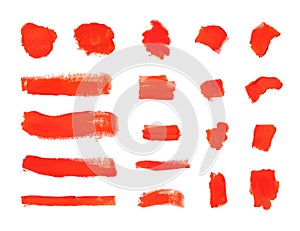 Vector Brush Strokes, Textured Red Paint Smears Isolated, Design Elements Collection.
