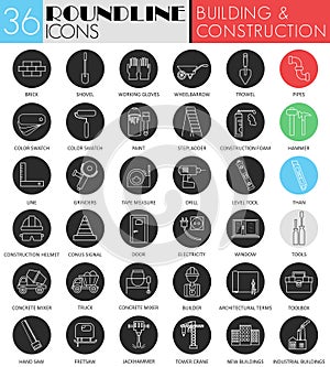 Vector building and construction circle white black icon set.