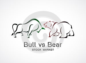 Vector of bull and bear symbols of stock market trends. Stock market and business concept. The growing and falling market. Wild