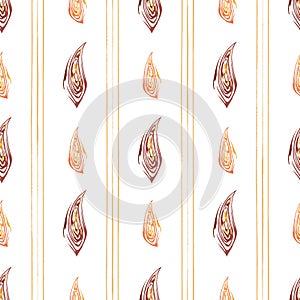Vector burgundy and orange leaves and stripes in painterly brushstroke style design. Seamless geometric pattern on cream