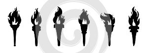 Vector burning flame torches black shapes set icons isolated on white background. Sport flat style games victory