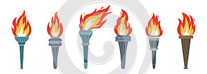 Vector burning flame torches set icons isolated on white background. Sport flat style games victory symbols collections