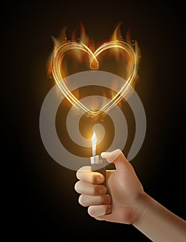 Vector burning heart and the hand holding the lighter.