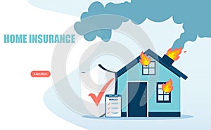 Vector of a burning house on fire with insurance policy for protection from disaster