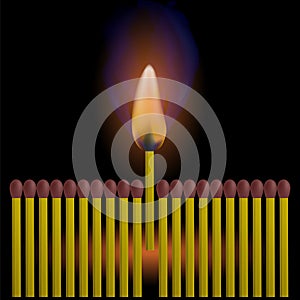 Vector Burning Match with Fire Flame on Black Background