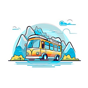 Vector of a bus journeying through scenic mountain landscapes