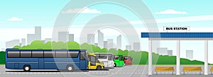 Vector bus station, intercity buses on the background of the cityscape in the distance. Banner, poster, flyer or landing page.