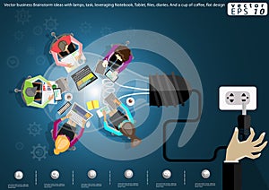 Vector business Brainstorm ideas with lamps, task, leveraging Notebook, Tablet, files, diaries. And a cup of coffee, flat design