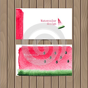 Vector business card with the watercolor texture of watermelon