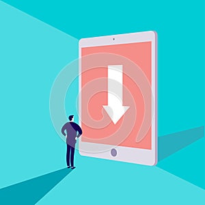 Vector business concept illustration with businessman standing in front of big tablet with destination arrow on its screen on blue