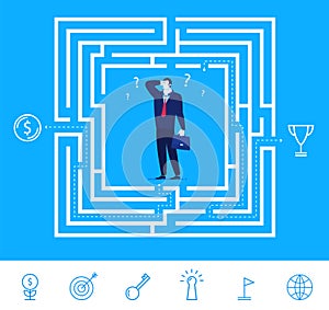 Vector business concept illustration. Businessman thinking how to pass the maze