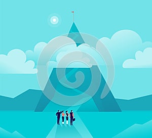Vector business concept illustration with businessmen, women standing in front of mountain pic & watching on top.