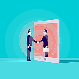 Vector business concept illustration with two businessmen shaking hands, one standing in tablet screen.
