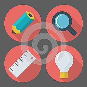 vector business concept, infographic design elements in flat retro style,set of business icons with a pencil, magnifying glass, r