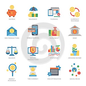 Vector business financial icons set flat style money graph currency finance investment bank exchange card symbol