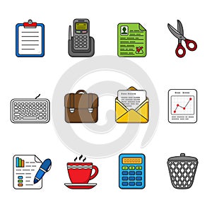 Vector business icons set. Color outlined icon collection.