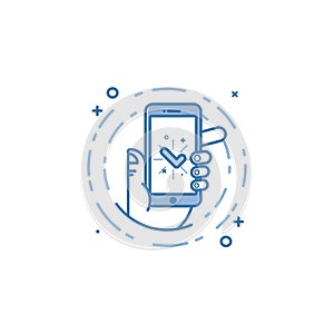 Vector business illustration of blue colors hand and icon mobile phone in line style.