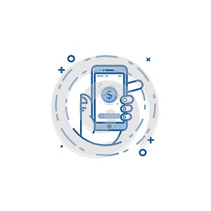 Vector business illustration of blue colors hand and mobile phone icon in line style.