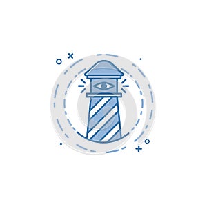 Vector business illustration of blue colors lighthouse with eye icon in line style.
