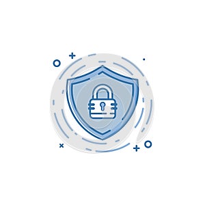 Vector business illustration of blue colors protection shield and lock icon in linear style.