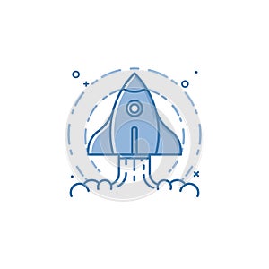 Vector business illustration of blue colors rocket ship icon in outline style.