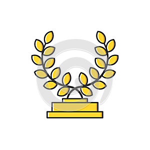 Vector business illustration of gold medal with leaves icon in flat line style.