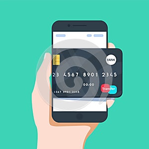 Vector business illustration of hand and mobile phone with credit card icon in flat style.