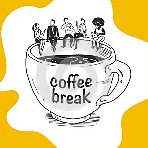 Vector business illustration of office people company sitting on big coffee cup talking, eating, discussing, working isolated on w