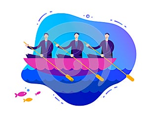 Vector business illustration, stylized characters. Successful teamwork concept, 3 businessmen rowing a boat