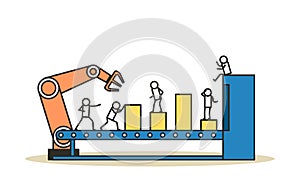Vector business industry robot factory concept illustration future production process with infographic chart and people. Smart