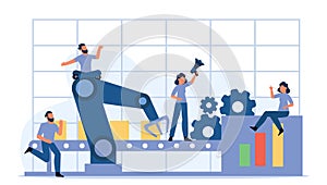 Vector business industry robot factory concept illustration future production process with infographic chart and people. Smart