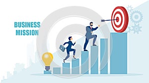 Vector of a business man and a businesswoman climbing up stairs to reach a business mission