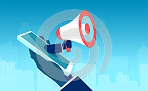 Vector of a business man holding a smartphone with a megaphone coming out of the screen and making an announcement