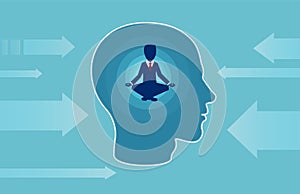 Vector of a business man inside human head doing yoga resisting outside negative influence