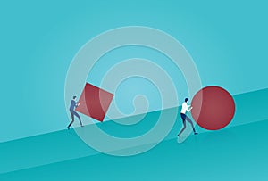 Vector of a business man pushing a sphere leading the race against a businessman pushing a box