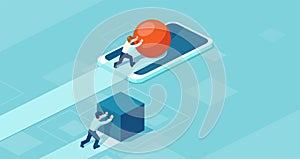 Vector of a business man pushing a sphere using mobile technology leading the race against a businessman pushing a box