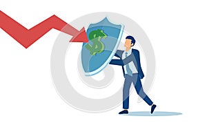 Vector of a business man with a shield with a dollar symbol protecting himself from bad economic times