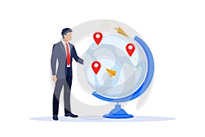 Vector of a business man standing next to an earth globe