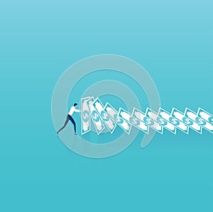 Vector of a business man trying to stop falling domino made of dollar banknotes