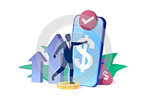 Vector of a business man using mobile phone app to trade and make money transfer