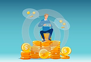 Vector of a business man working online sitting on a big pile of money coins