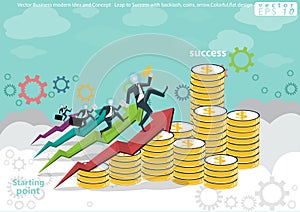 Vector Business modern Idea and Concept. Leap to Success with backlash, coins, arrow,Colorful,flat design