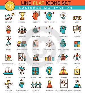 Vector Business motivation and discipline flat line icon set.