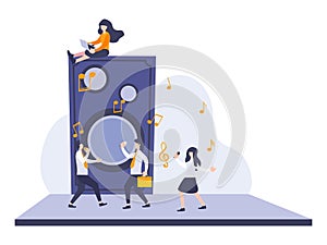 Vector business people dancing and singing with music and big sound speaker. Business metaphor concept flat illustration of