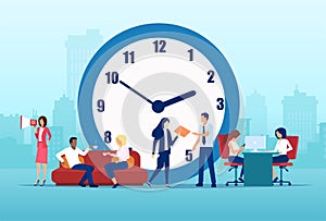 Vector of business people teamworking in company office on a cityskape and clock background