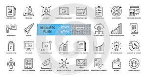 Vector business plan icons. Set of 29 images with editable stroke. Includes planning, financing, grant, audience, presentation,