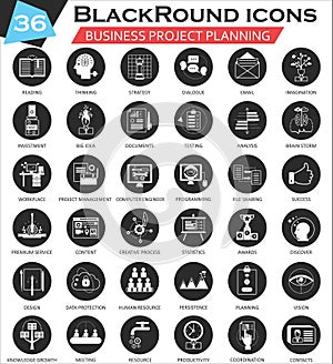 Vector Business project planning circle white black icon set. Ultra modern icon design for web.